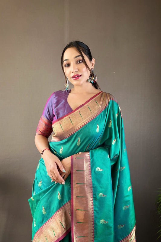 Elegant Teal Blue Paithani Silk Saree with Woven Pallu, Border and Beautiful Buttis for Women