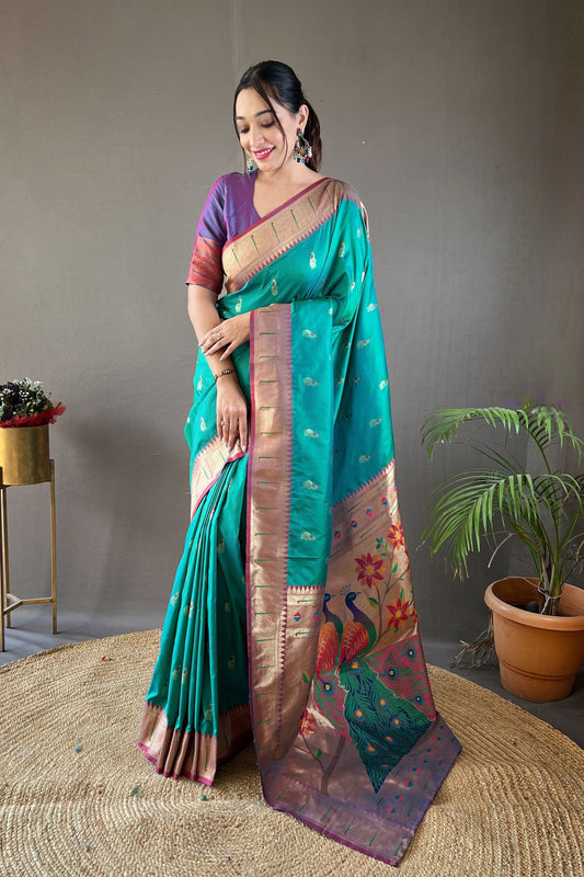 Elegant Teal Blue Paithani Silk Saree with Woven Pallu, Border and Beautiful Buttis for Women