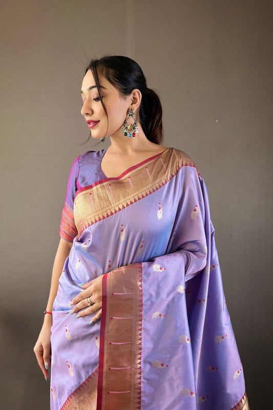 Stylish Lavender Paithani Silk Saree with Weaving Pallu, Border and Beautiful Buttis for Women