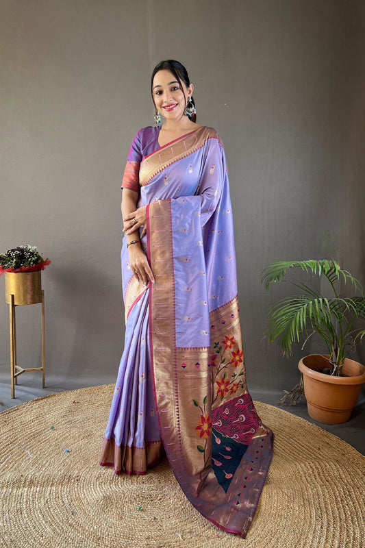 Stylish Lavender Paithani Silk Saree with Weaving Pallu, Border and Beautiful Buttis for Women