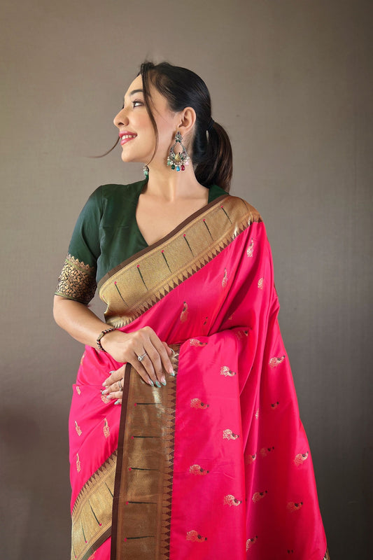 Beautiful Rani Pink Paithani Silk Saree with Weaving Pallu, Border for Women