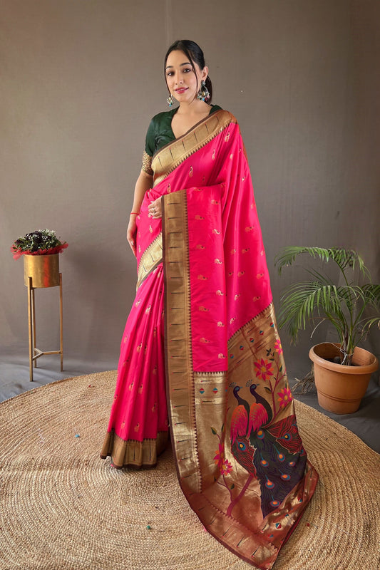 Beautiful Rani Pink Paithani Silk Saree with Weaving Pallu, Border for Women