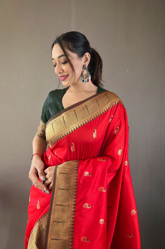 Vibrant Red Paithani Silk Saree with Weaving Pallu Beautiful Buttis for Women