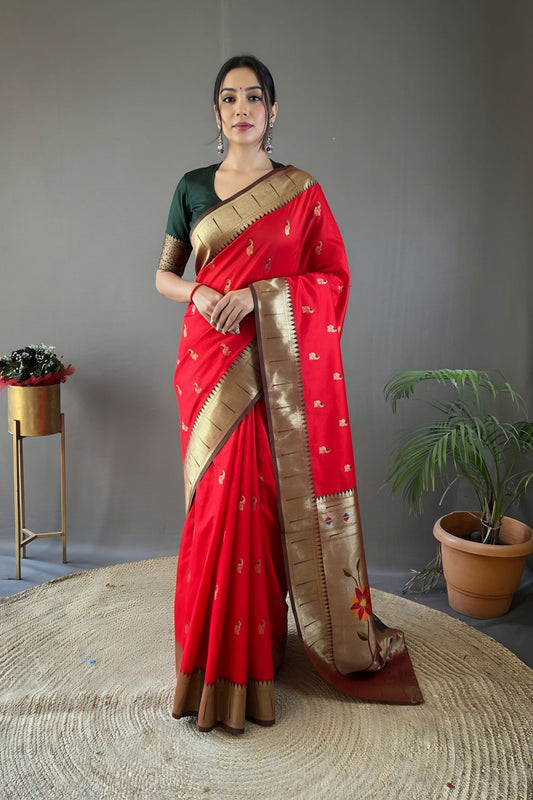 Vibrant Red Paithani Silk Saree with Weaving Pallu Beautiful Buttis for Women