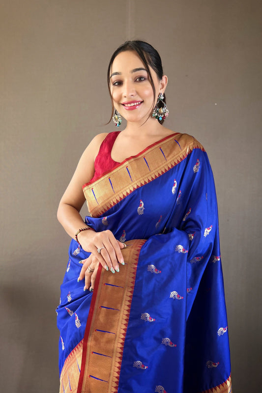 Royal Blue Paithani Silk Saree with Weaving Pallu, Border and Beautiful Buttis for Women