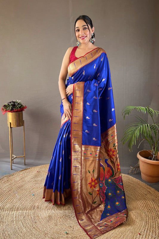 Royal Blue Paithani Silk Saree with Weaving Pallu, Border and Beautiful Buttis for Women