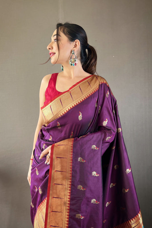 Premium Purple Paithani Silk Saree with Weaving Pallu, Border and Beautiful Buttis for Women