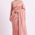 Elegant Peach Pink Space Silk Saree with Zarkan Diamond Work for Women
