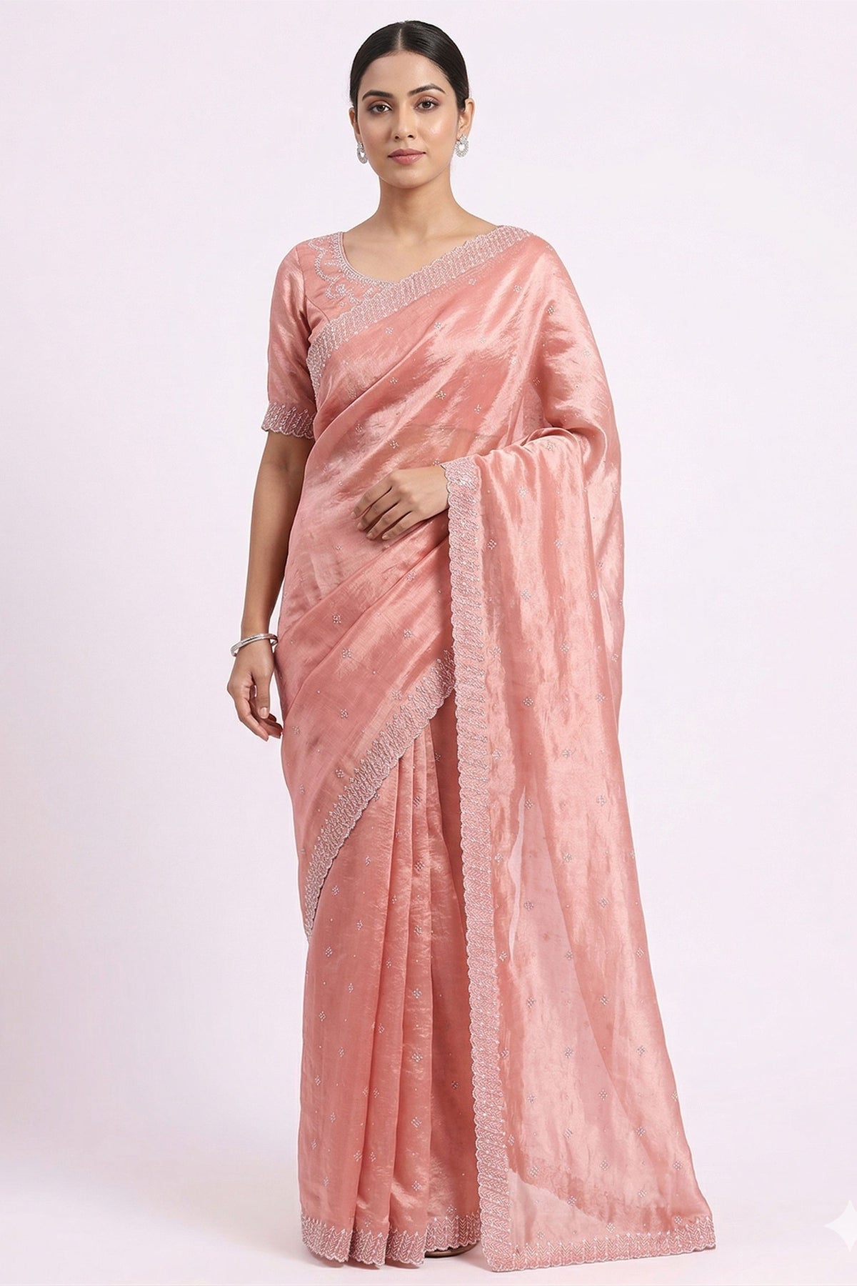 Elegant Peach Pink Space Silk Saree with Zarkan Diamond Work for Women