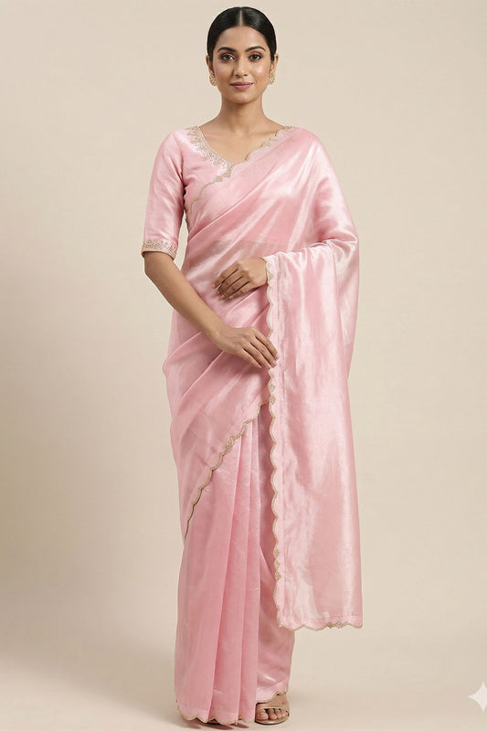 Beautiful Baby Pink Space Silk Saree with Golden Lace Border for Women