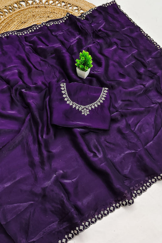 Stylish Deep Purple Space Silk Saree with Silver Lace Border for Women