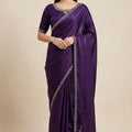 Stylish Deep Purple Space Silk Saree with Silver Lace Border for Women