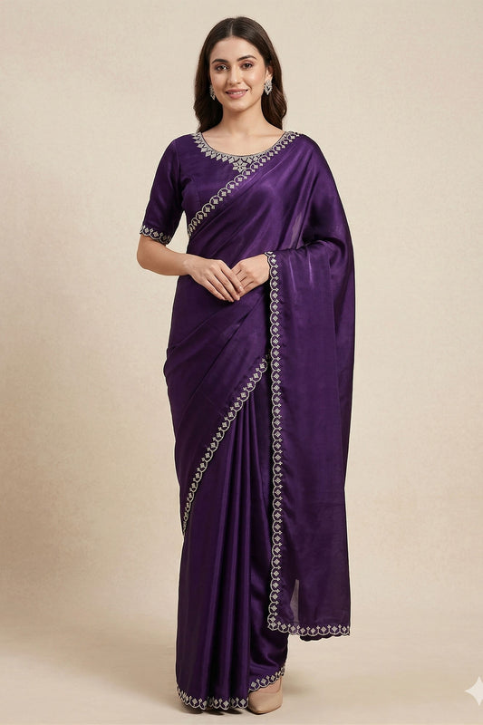 Stylish Deep Purple Space Silk Saree with Silver Lace Border for Women