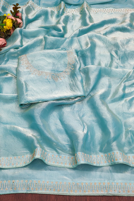 Premium ice Blue Space Silk Saree with Silver Lace Border for Women