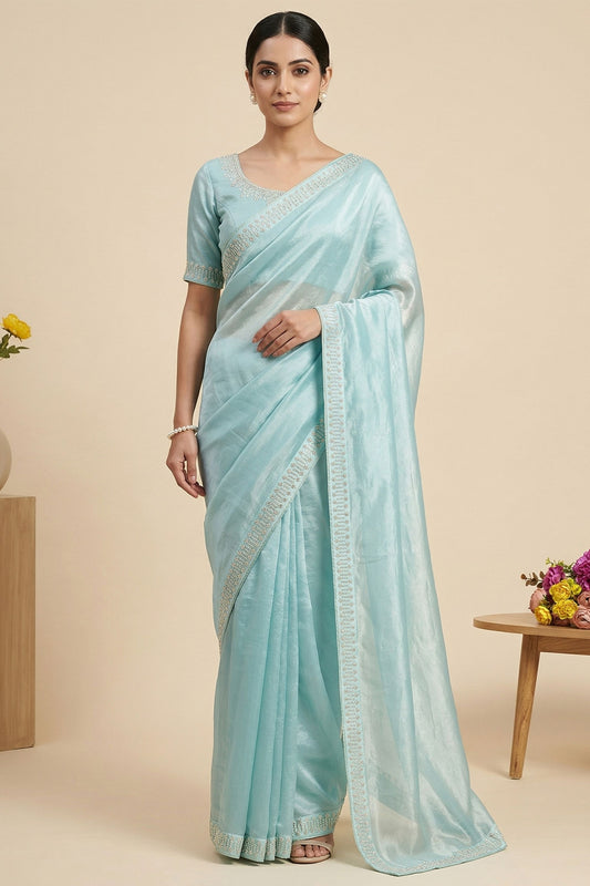 Premium ice Blue Space Silk Saree with Silver Lace Border for Women
