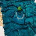 Stunning Teal Blue Space Silk Saree with Zarkan Diamond Work for Women