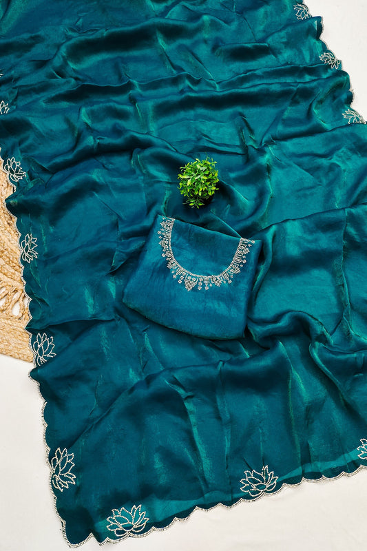 Stunning Teal Blue Space Silk Saree with Zarkan Diamond Work for Women