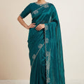 Stunning Teal Blue Space Silk Saree with Zarkan Diamond Work for Women