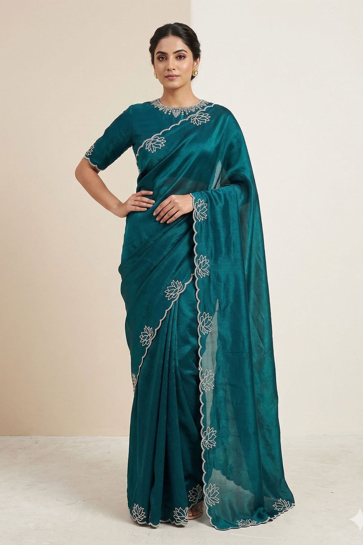 Stunning Teal Blue Space Silk Saree with Zarkan Diamond Work for Women