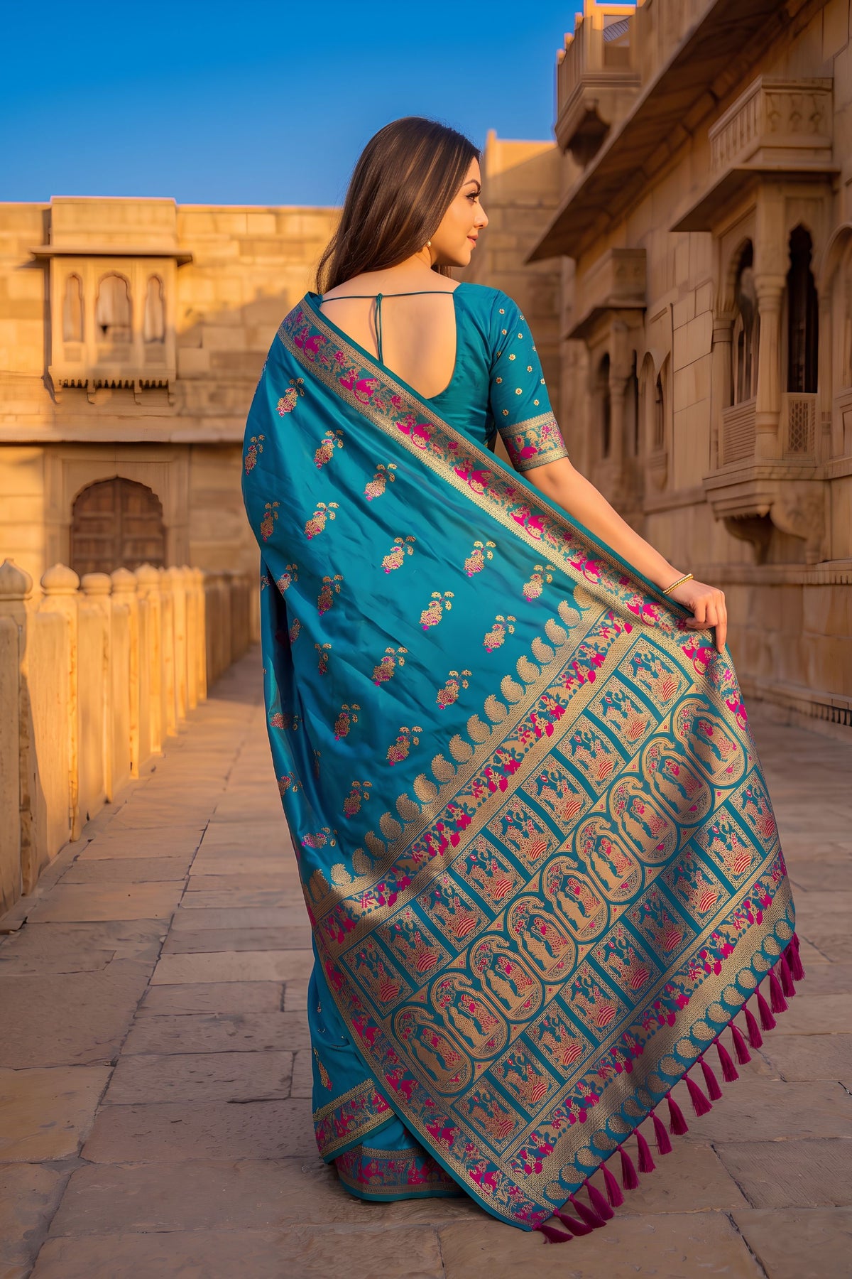 Exquisite Teal Blue Baluchari Silk Saree with Zari Weaving Work for Women