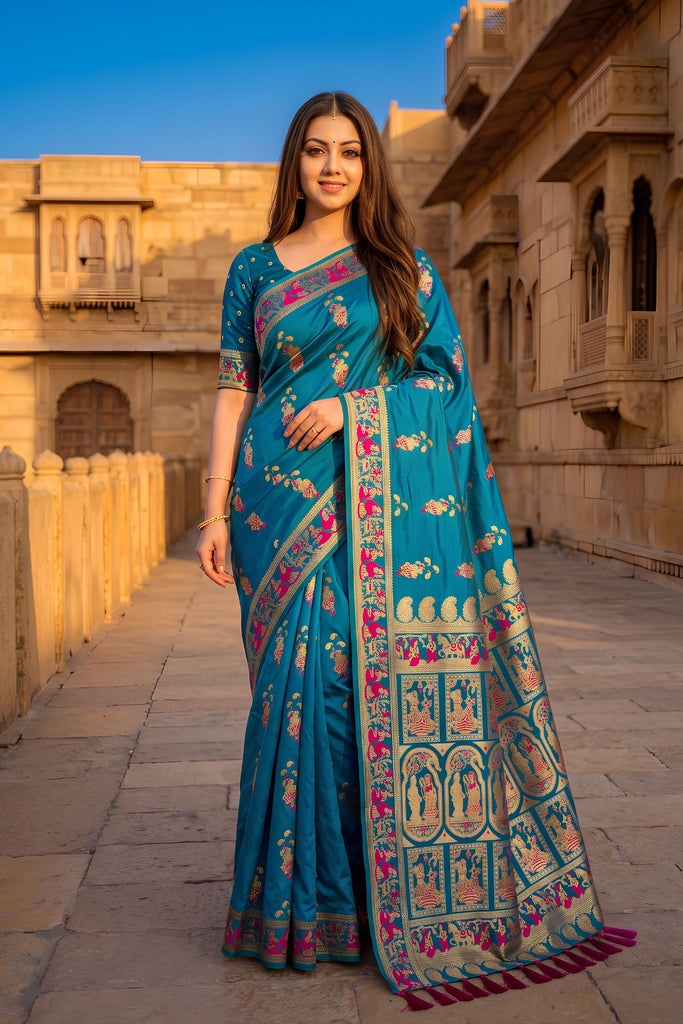Exquisite Teal Blue Baluchari Silk Saree with Zari Weaving Work for Women