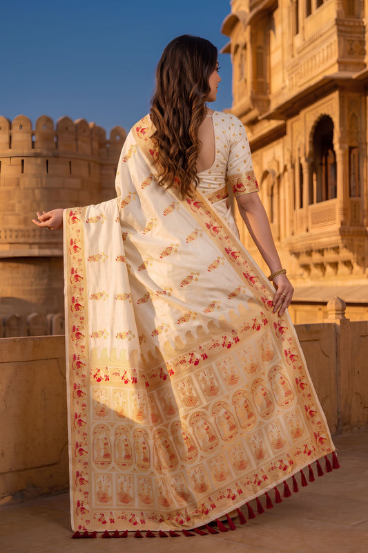 Stylish Cream Baluchari Silk Saree Zari Weaving Work for Women