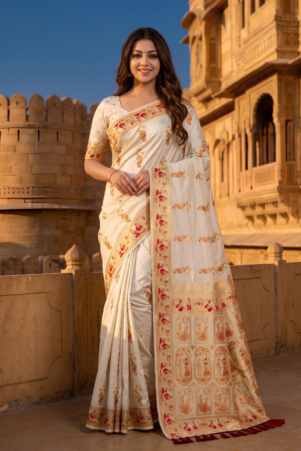 Stylish Cream Baluchari Silk Saree Zari Weaving Work for Women