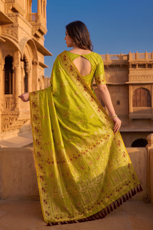 Vibrant Olive Green Baluchari Silk Saree with Zari Weaving Work for Women