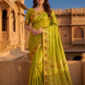 Vibrant Olive Green Baluchari Silk Saree with Zari Weaving Work for Women