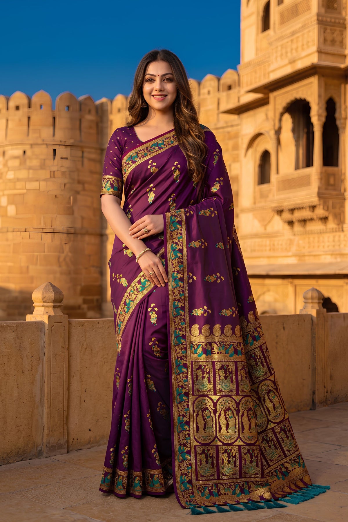 Royal Purple Baluchari Silk Saree with Zari Weaving Work for Women
