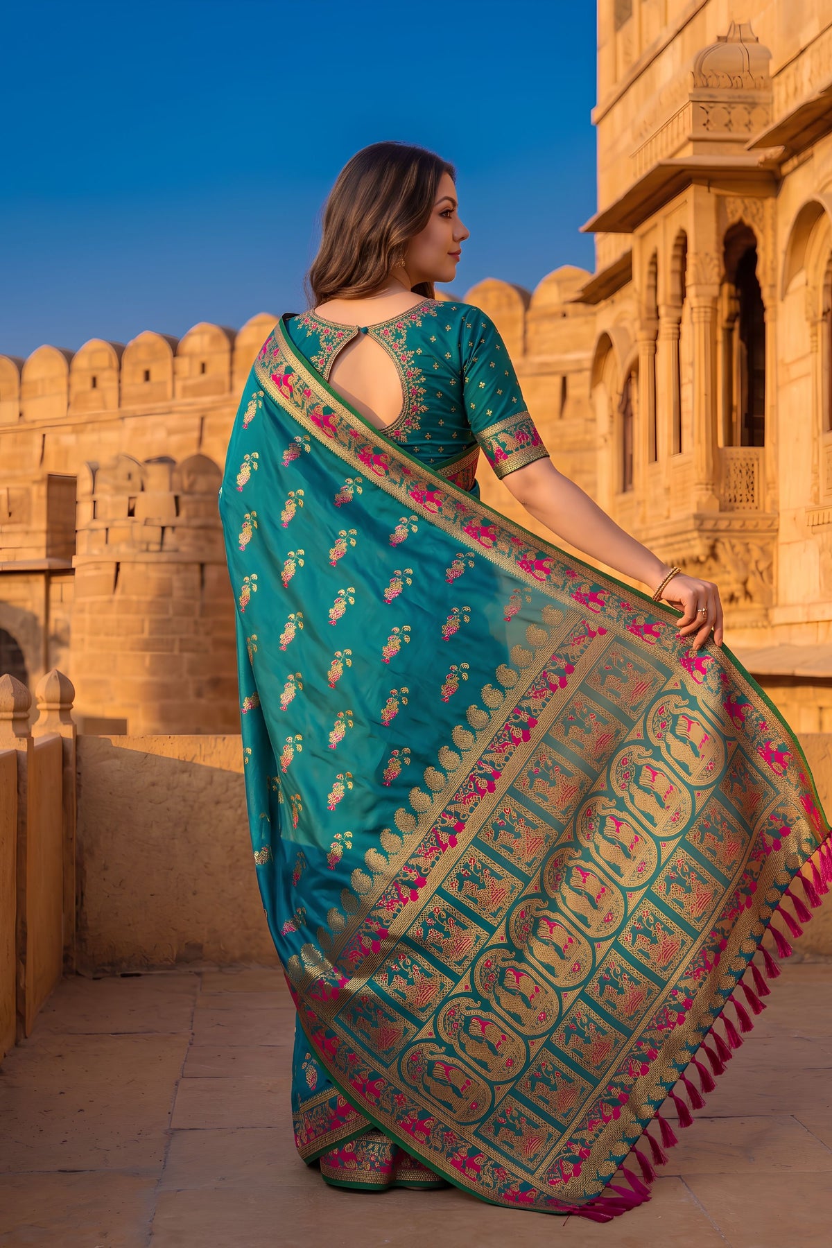 Amazing Teal Blue Baluchari Silk Saree with Zari Weaving Work for Women