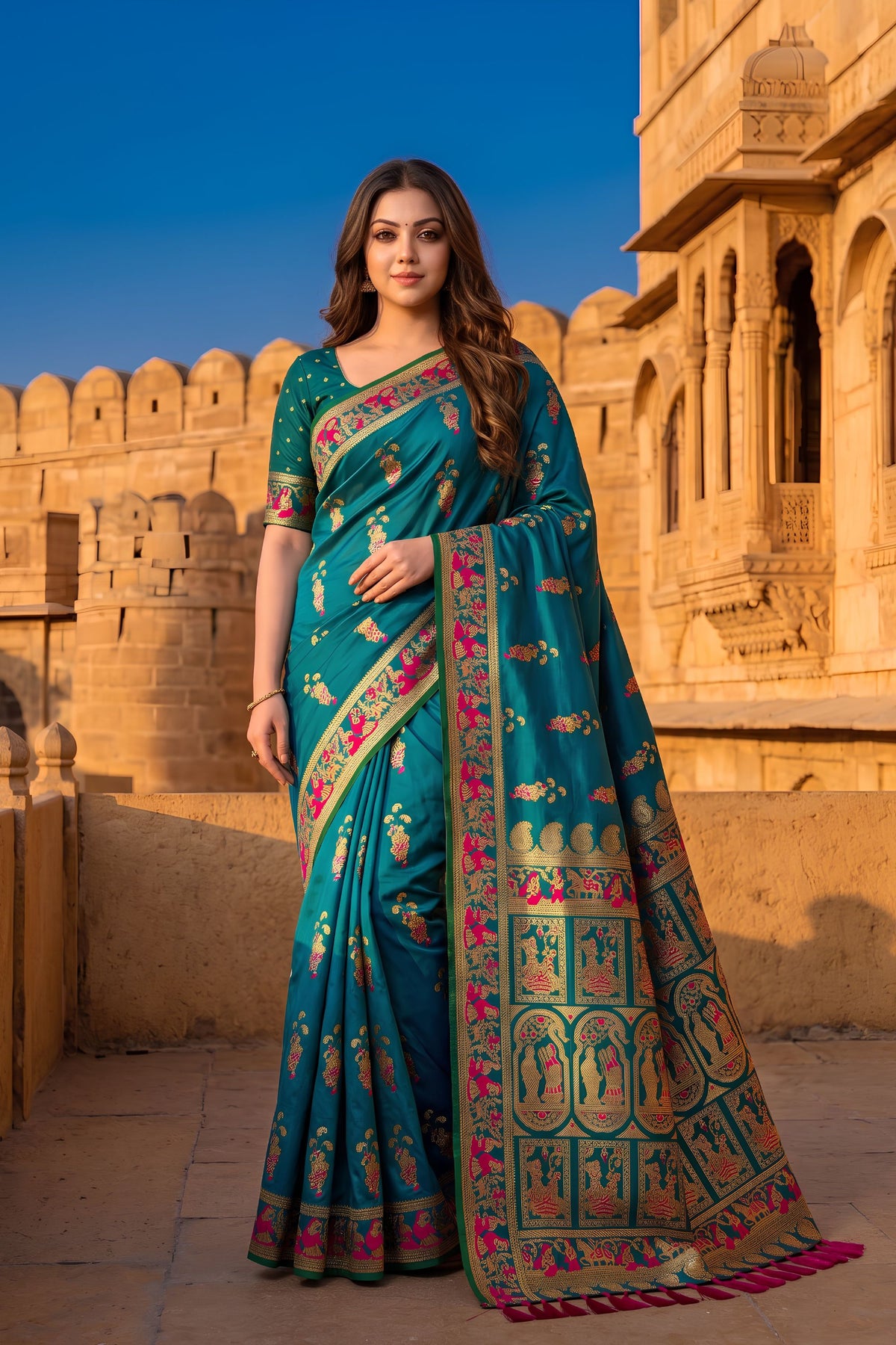 Amazing Teal Blue Baluchari Silk Saree with Zari Weaving Work for Women