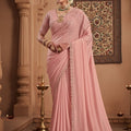  Peach Designer Silk Saree Blouse Reception Festive Wear