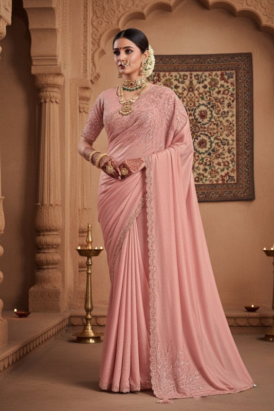  Peach Designer Silk Saree Blouse Reception Festive Wear