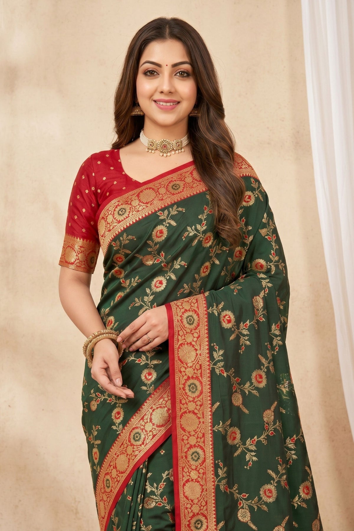Elegant Bottle Green Banarasi Silk Saree with Meenakari Weaving for Women