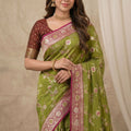 Premium Olive Green Banarasi Silk Saree with Pink Border and Meenakari Weaving for Women