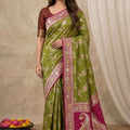 Premium Olive Green Banarasi Silk Saree with Pink Border and Meenakari Weaving for Women