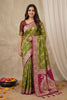 Premium Olive Green Banarasi Silk Saree with Pink Border and Meenakari Weaving for Women