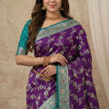 Exquisite Purple Banarasi Silk Saree with Teal Blue Border and Meenakari Weaving for Women