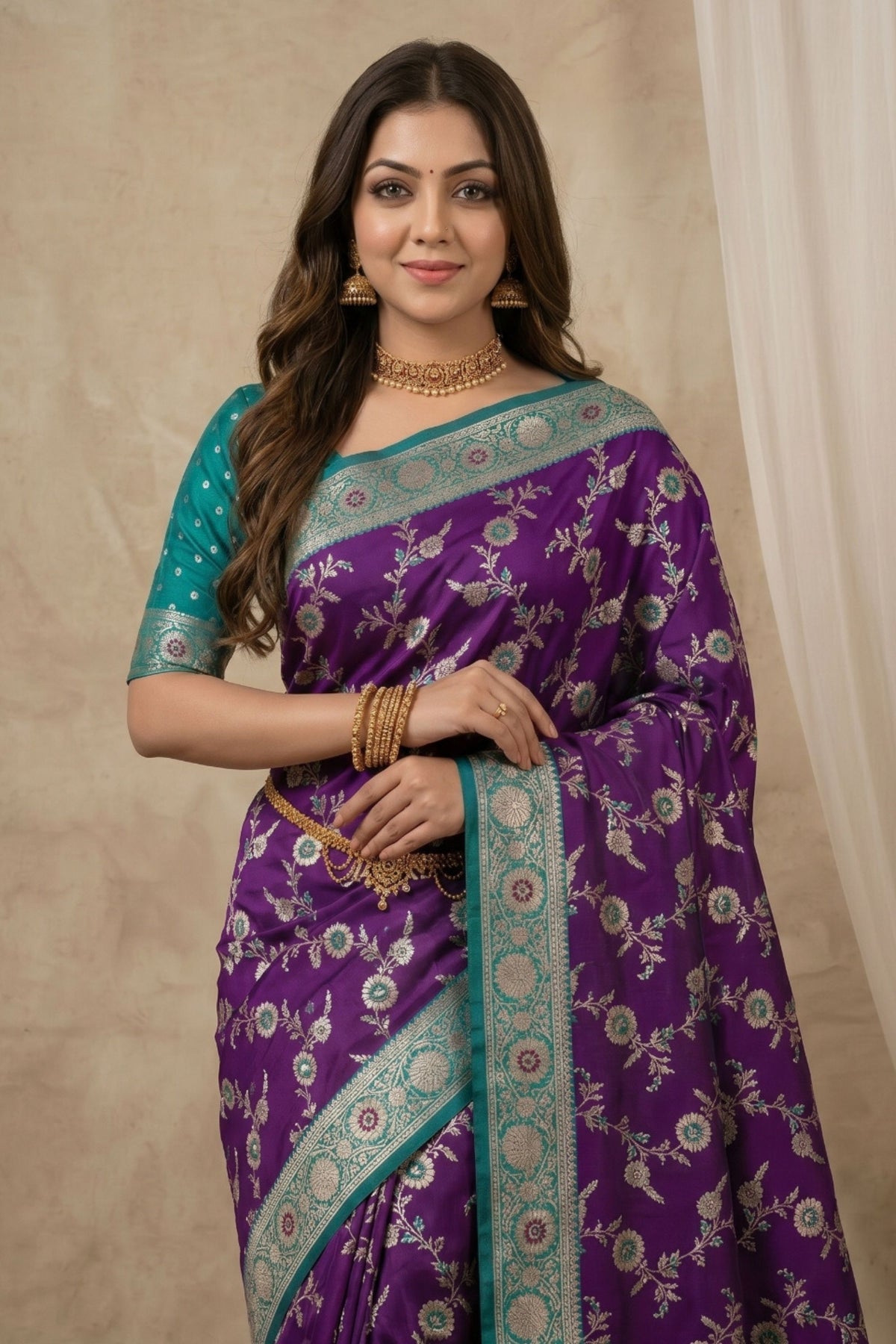Exquisite Purple Banarasi Silk Saree with Teal Blue Border and Meenakari Weaving for Women