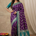 Exquisite Purple Banarasi Silk Saree with Teal Blue Border and Meenakari Weaving for Women