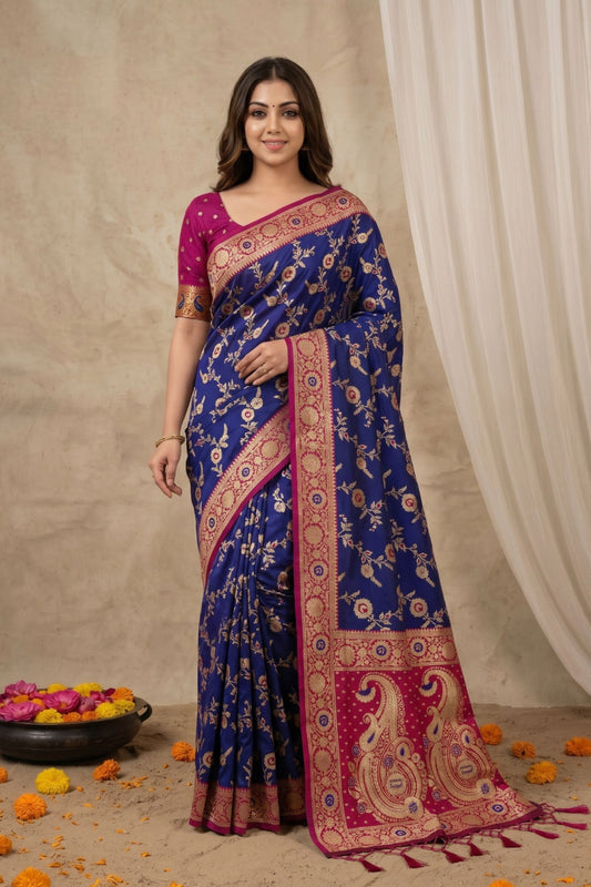 Royal Blue Banarasi Silk Saree and Meenakari Weaving for Women