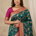 Stunning Teal Green Banarasi Silk Saree with and Meenakari Weaving for Women