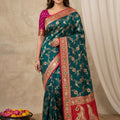 Stunning Teal Green Banarasi Silk Saree with and Meenakari Weaving for Women