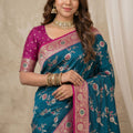 Graceful Teal Blue Banarasi Silk Saree Meenakari Weaving for Women