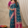 Graceful Teal Blue Banarasi Silk Saree Meenakari Weaving for Women