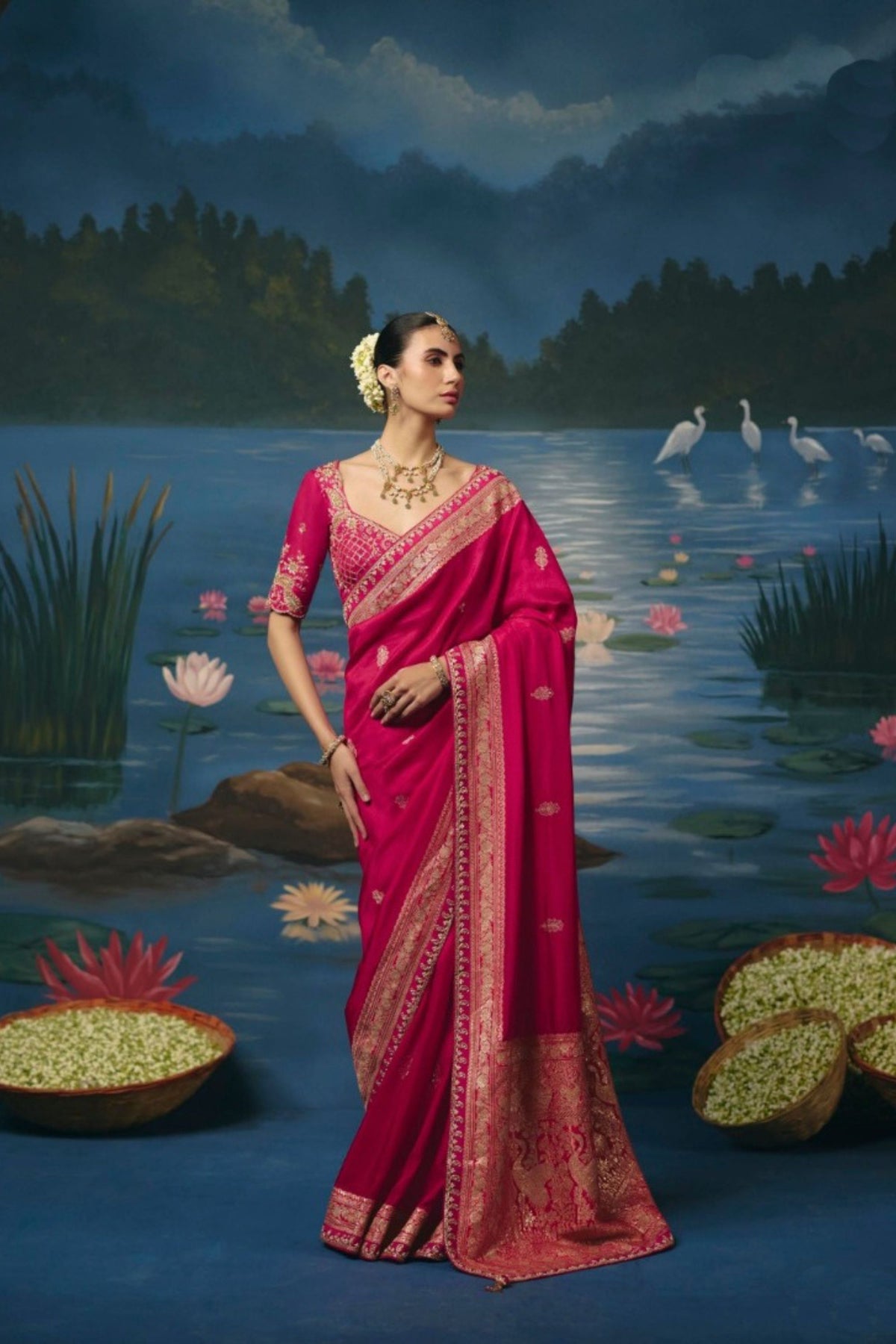 Radiant Rani Pink Dola Silk Saree with Handwork, Cut Dana, Beads Work for Women