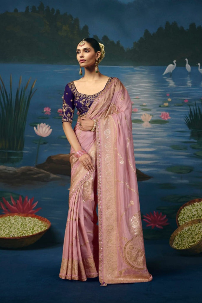 Enchanting Dusty Pink Dola Silk Saree with Handwork Cut Dana Beads Work for Women