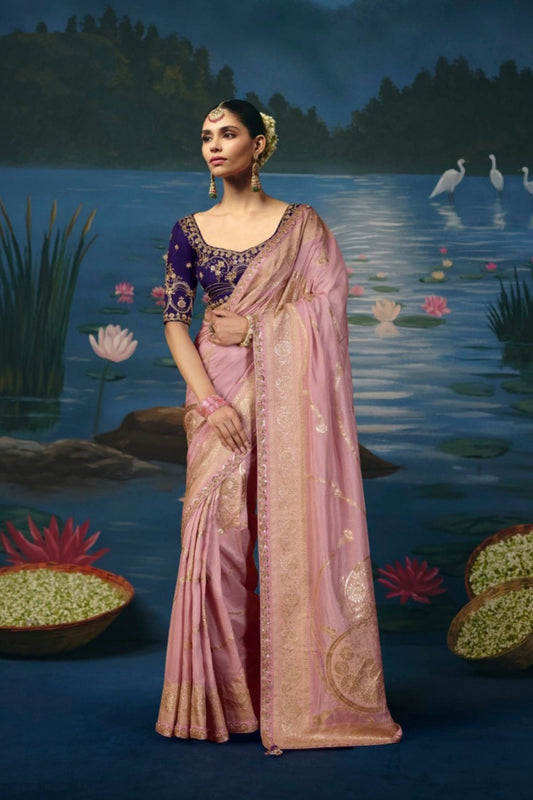 Enchanting Dusty Pink Dola Silk Saree with Handwork Cut Dana Beads Work for Women