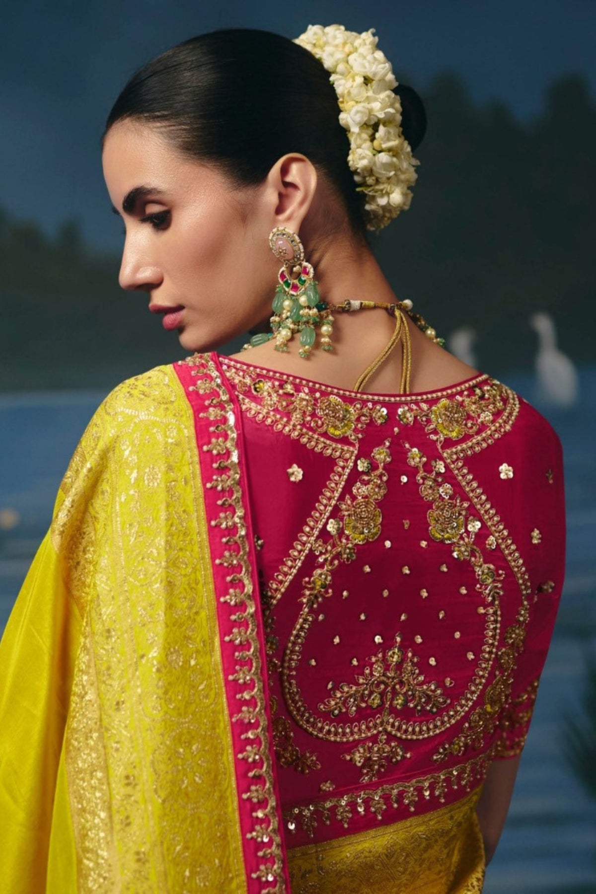 Vibrant Lime Yellow Dola Silk Saree with Handwork Cut Dana Beads Work for Women